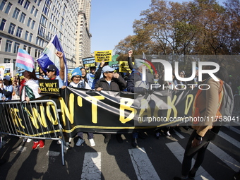 A general view shows protesters in front of the eminent immigration reform changes in Manhattan, NY, on November 9, 2024. The New York Immig...