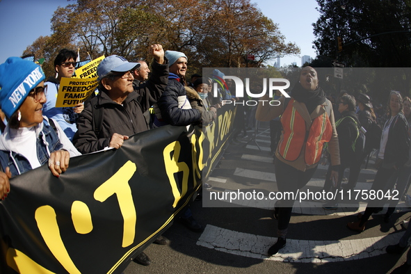 A general view shows protesters in front of the eminent immigration reform changes in Manhattan, NY, on November 9, 2024. The New York Immig...