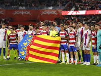 Players pose with the Valencia flag due to the floods after a DANA storm on October 29 during the LaLiga Hypermotion match between Granada C...