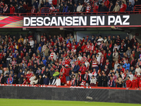 Fans honor Valencia inhabitants after the floods due to a DANA storm on October 29 during the LaLiga Hypermotion match between Granada CF an...