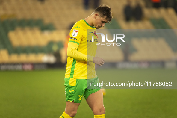 Callum Doyle of Norwich City looks dejected after the Sky Bet Championship match between Norwich City and Bristol City at Carrow Road in Nor...