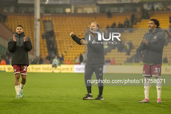 Bristol City Manager, Liam Manning, celebrates their win after the Sky Bet Championship match between Norwich City and Bristol City at Carro...