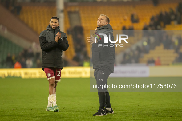 Bristol City Manager, Liam Manning, celebrates their win after the Sky Bet Championship match between Norwich City and Bristol City at Carro...