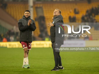 Bristol City Manager, Liam Manning, celebrates their win after the Sky Bet Championship match between Norwich City and Bristol City at Carro...