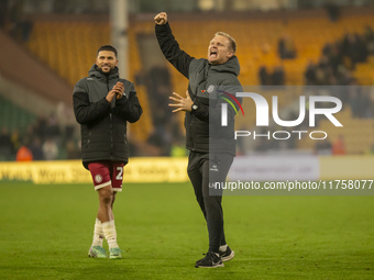 Bristol City Manager, Liam Manning, celebrates their win after the Sky Bet Championship match between Norwich City and Bristol City at Carro...