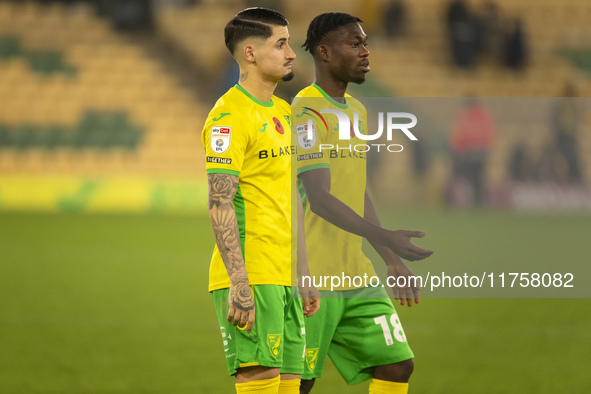 Borja Sainz of Norwich City and Forson Amankwah of Norwich City look dejected after the Sky Bet Championship match between Norwich City and...