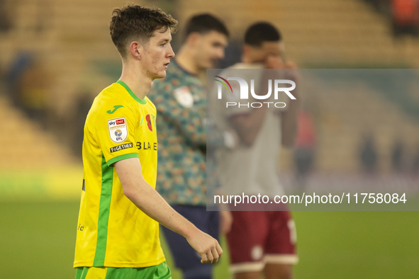 Kellen Fisher of Norwich City looks dejected after the Sky Bet Championship match between Norwich City and Bristol City at Carrow Road in No...