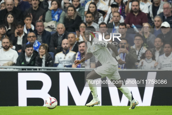 Vinicius Junior left winger of Real Madrid and Brazil during the La Liga match between Real Madrid CF and CA Osasuna at Estadio Santiago Ber...