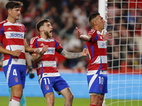 Myrto Uzuni of Granada CF scores the first goal of the match from the penalty during the LaLiga Hypermotion match between Granada CF and CD...