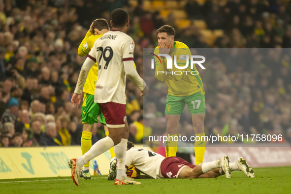 Ante Crnac of Norwich City reacts to a decision by the match official during the Sky Bet Championship match between Norwich City and Bristol...