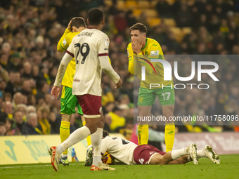 Ante Crnac of Norwich City reacts to a decision by the match official during the Sky Bet Championship match between Norwich City and Bristol...