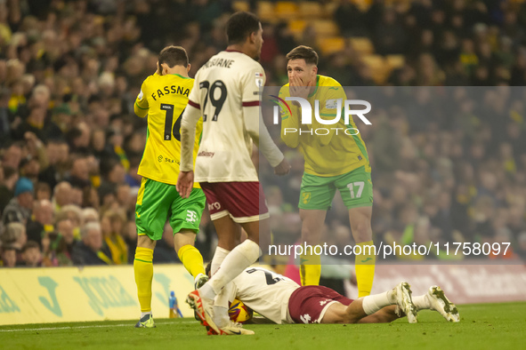 Ante Crnac of Norwich City reacts to a decision by the match official during the Sky Bet Championship match between Norwich City and Bristol...