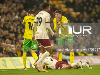 Ante Crnac of Norwich City reacts to a decision by the match official during the Sky Bet Championship match between Norwich City and Bristol...