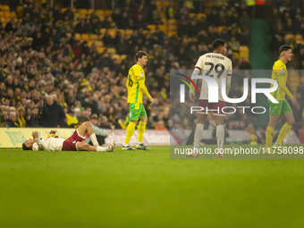 Ante Crnac of Norwich City and Christian Fassnacht of Norwich City walk away from a decision by the match official during the Sky Bet Champi...