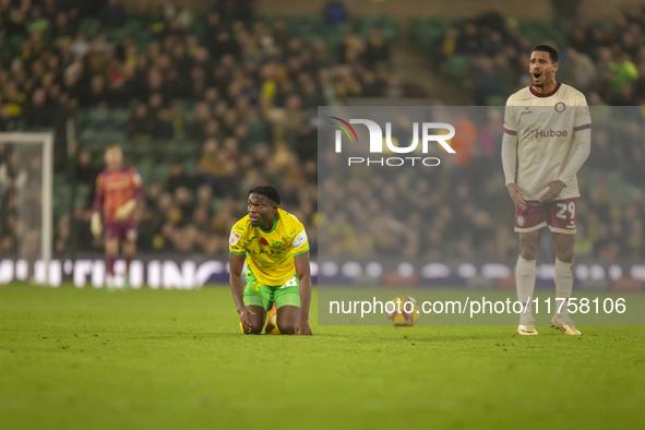 Forson Amankwah of Norwich City reacts after a tackle during the Sky Bet Championship match between Norwich City and Bristol City at Carrow...