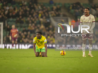 Forson Amankwah of Norwich City reacts after a tackle during the Sky Bet Championship match between Norwich City and Bristol City at Carrow...