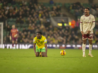 Forson Amankwah of Norwich City reacts after a tackle during the Sky Bet Championship match between Norwich City and Bristol City at Carrow...