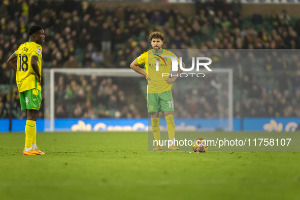 Emiliano Marcondes of Norwich City prepares to take a free kick during the Sky Bet Championship match between Norwich City and Bristol City...