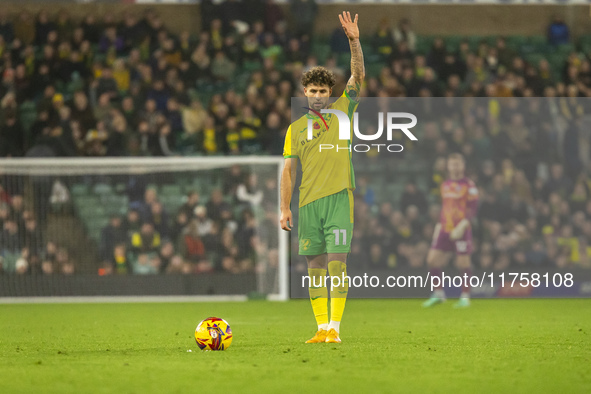 Emiliano Marcondes of Norwich City prepares to take a free kick during the Sky Bet Championship match between Norwich City and Bristol City...