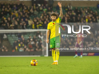 Emiliano Marcondes of Norwich City prepares to take a free kick during the Sky Bet Championship match between Norwich City and Bristol City...