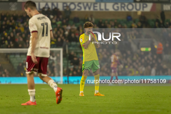 Emiliano Marcondes of Norwich City reacts after a free kick during the Sky Bet Championship match between Norwich City and Bristol City at C...