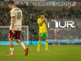 Emiliano Marcondes of Norwich City reacts after a free kick during the Sky Bet Championship match between Norwich City and Bristol City at C...