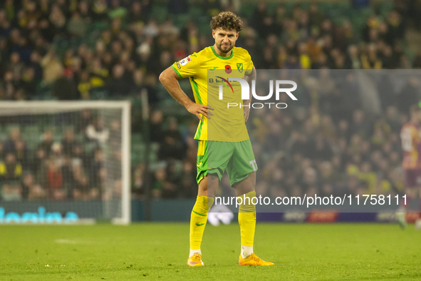 Emiliano Marcondes of Norwich City reacts after a free kick during the Sky Bet Championship match between Norwich City and Bristol City at C...