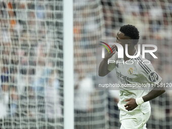 Vinicius Junior left winger of Real Madrid and Brazil celebrates after scoring his sides first goal during the La Liga match between Real Ma...