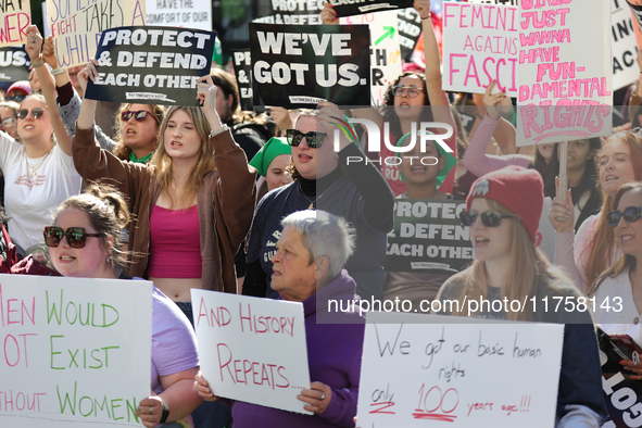 Pro-choice demonstrators protest outside of The Heritage Foundation in Washington, D.C. on November 9, 2024 following the re-election of for...