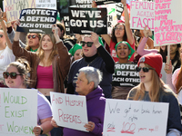 Pro-choice demonstrators protest outside of The Heritage Foundation in Washington, D.C. on November 9, 2024 following the re-election of for...