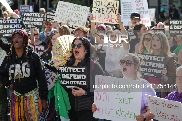 Pro-choice demonstrators protest outside of The Heritage Foundation in Washington, D.C. on November 9, 2024 following the re-election of for...