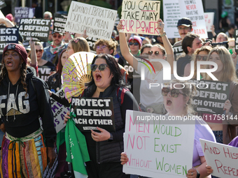 Pro-choice demonstrators protest outside of The Heritage Foundation in Washington, D.C. on November 9, 2024 following the re-election of for...