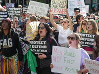 Pro-choice demonstrators protest outside of The Heritage Foundation in Washington, D.C. on November 9, 2024 following the re-election of for...