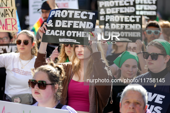 Pro-choice demonstrators protest outside of The Heritage Foundation in Washington, D.C. on November 9, 2024 following the re-election of for...