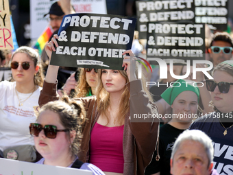 Pro-choice demonstrators protest outside of The Heritage Foundation in Washington, D.C. on November 9, 2024 following the re-election of for...