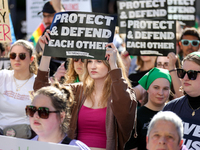 Pro-choice demonstrators protest outside of The Heritage Foundation in Washington, D.C. on November 9, 2024 following the re-election of for...