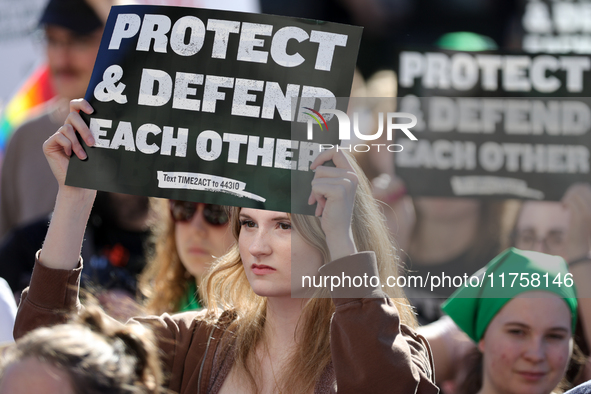 Pro-choice demonstrators protest outside of The Heritage Foundation in Washington, D.C. on November 9, 2024 following the re-election of for...