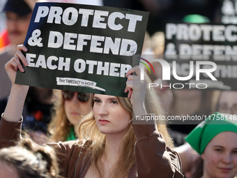 Pro-choice demonstrators protest outside of The Heritage Foundation in Washington, D.C. on November 9, 2024 following the re-election of for...