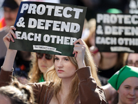 Pro-choice demonstrators protest outside of The Heritage Foundation in Washington, D.C. on November 9, 2024 following the re-election of for...