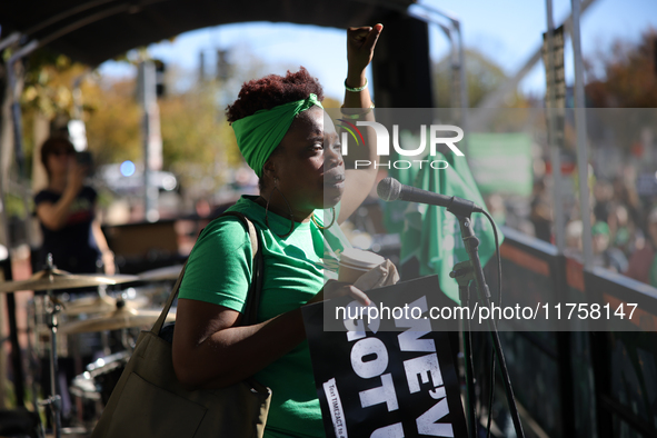 Pro-choice demonstrators protest outside of The Heritage Foundation in Washington, D.C. on November 9, 2024 following the re-election of for...