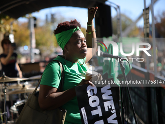 Pro-choice demonstrators protest outside of The Heritage Foundation in Washington, D.C. on November 9, 2024 following the re-election of for...