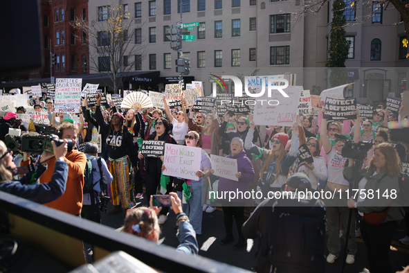 Pro-choice demonstrators protest outside of The Heritage Foundation in Washington, D.C. on November 9, 2024 following the re-election of for...