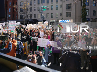 Pro-choice demonstrators protest outside of The Heritage Foundation in Washington, D.C. on November 9, 2024 following the re-election of for...