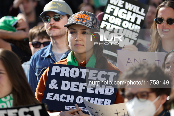 Pro-choice demonstrators protest outside of The Heritage Foundation in Washington, D.C. on November 9, 2024 following the re-election of for...