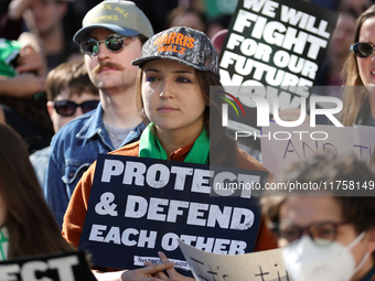 Pro-choice demonstrators protest outside of The Heritage Foundation in Washington, D.C. on November 9, 2024 following the re-election of for...