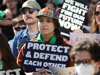 Pro-choice demonstrators protest outside of The Heritage Foundation in Washington, D.C. on November 9, 2024 following the re-election of for...