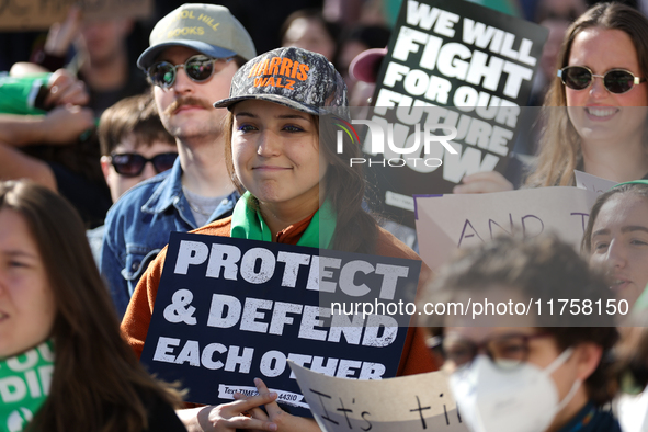 Pro-choice demonstrators protest outside of The Heritage Foundation in Washington, D.C. on November 9, 2024 following the re-election of for...