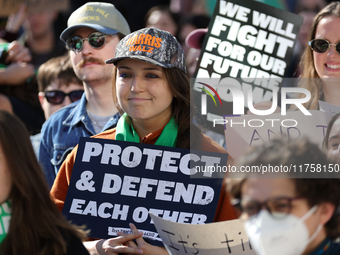 Pro-choice demonstrators protest outside of The Heritage Foundation in Washington, D.C. on November 9, 2024 following the re-election of for...