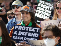 Pro-choice demonstrators protest outside of The Heritage Foundation in Washington, D.C. on November 9, 2024 following the re-election of for...