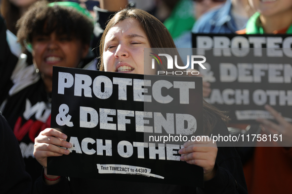 Pro-choice demonstrators protest outside of The Heritage Foundation in Washington, D.C. on November 9, 2024 following the re-election of for...